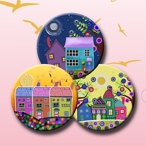 FUNKY HOUSES - 2.25 インチのボタンとボタン マグネット用のデジタル コラージュ シート 2.625 インチの円形画像。即時ダウンロード #215。
