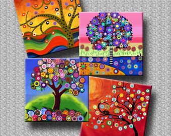 FUNKY TREES - Printable Digital Collage Sheet 30 x 3 inch squares for, Journalling, Greeting Cards, Gift Tags.  Instant Download #60.