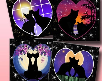 CAT LOVE HEARTS - Digital Collage Sheet  - 4 inch squares for coasters, greeting cards, decoupage, scrapbooking.  Instant Download #274.