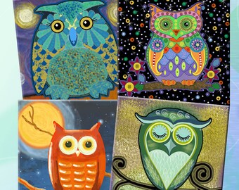 NIGHT OWLS -  Printable Digital Collage Sheet 12 X 4 inch squares for Coasters, Greeting Cards, Gift Tags.  Instant Download #214.