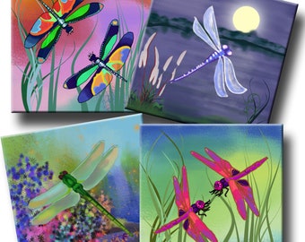 DRAGONFLIES -  Printable Digital Collage Sheet (12) 4 inch squares for Coasters, Greeting Cards, Gift Tags.  Instant Download #247.