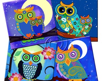 FUNKY OWLS - Utskrivbart digitalt collageark (12) x 10 cm rutor för underlägg, gratulationskort, presentetiketter. Direkt nedladdning #245.
