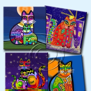 FUNKY ALLEY CATS -  Printable Digital Collage Sheet 12 X 4 inch squares for Coasters, Greeting Cards, Gift Tags.  Instant Download #255.