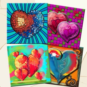 FUNKY HEARTS - Hoja de collage digital imprimible 12 X 4 pulgadas cuadrados para posavasos, tarjetas de felicitación, etiquetas de regalo.  Descarga instantánea #210.
