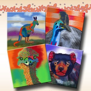 AUSTRALIAN WILDLIFE 1 - Hoja de Collage Digital de 4 pulgadas imágenes cuadradas para posavasos. tarjetas de felicitación, scrap-booking. Descarga instantánea #271..