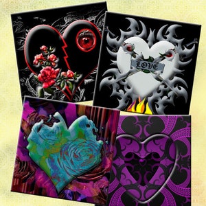 GOTHIC HEARTS - Quadrate druckbare digitale Collage Blatt 12 X 4 Zoll für Untersetzer, Grußkarten, Geschenkanhänger.  Sofortiger Download #212.