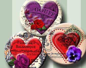 ROMANTIC HEARTS -  Digital Collage Sheet 1 &1.5 inch round images for bottle caps, pendants, round bezels, etc. Instant Download #211.