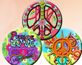 PEACE AND LOVE -  Digital Collage Sheet - 5 sizes round images for bottle caps, pendants, round bezels, etc. Instant Download #209.