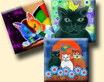 WHIMSICAL CATS - Digital Collage Sheet 1 inch square images for pendants, round bezels, magnets, decoupage etc. Instant Download #246.