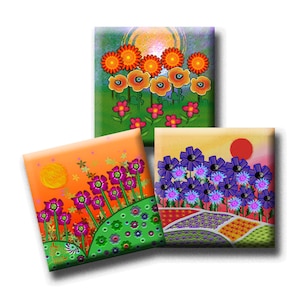 FUNKY FLOWER GARDENS -  Digital Collage Sheet 1 inch square images for pendants, earrings, decoupage, magnets etc. Instant Download #238.