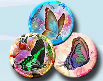 BUTTERFLY SUMMER - Digital Collage Sheet - 1 & 1.5 inch round images for bottle caps, pendants, round bezels, etc.   Instant Download #57.