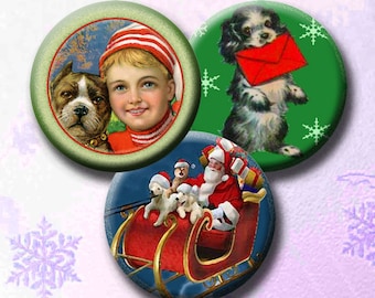 VINTAGE CHRISTMAS PETS  Digital Collage Sheet 1 inch round images for bottle caps, pendants, scrap-booking, etc. Instant Download #199.