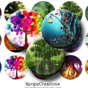 FANTASY TREES  Digital Collage Sheet 1 inch round images for bottle caps, pendants, round bezels, etc. Instant Download #157.