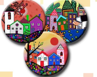 FUNKY HOUSES -  Digital Collage Sheet 1 &1.5 inch round images for bottle caps, pendants, round bezels, etc. Instant Download #215.