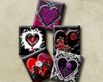 GOTHIC HEARTS - Digital Collage Sheet .75 x .83 inch Scrabble Tile Images. Pendants, earrings, scrap-booking. Instant Download #212.