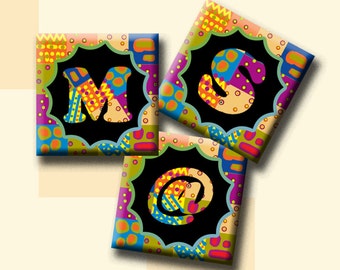 FUNKY ALPHABET -  Digital Collage Sheet 1 inch square images for pendants, magnets, decoupage etc. Instant Download #232.