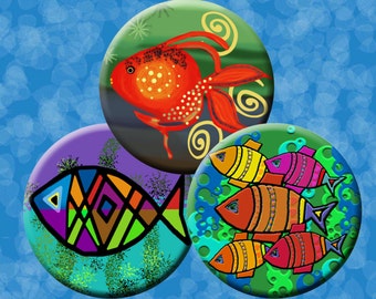 FUNKY FISH -  Digital Collage Sheet 1 &1.5 inch round images for bottle caps, pendants, round bezels, etc. Instant Download #218.