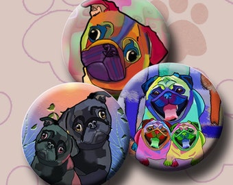 FUNKY PUGS - Digital Collage Sheet 1.313 inch round images for 1 inch buttons.  Instant Download #227.