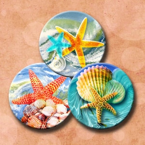 May include: Three circular designs, each approximately 6.35 cm in diameter, with beach themes. One shows a blue and orange starfish, another a red starfish and shells, and the third a starfish and shells. The text "Seashore Dreams" is at the top.