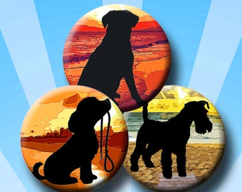 BEACH DOGS  Digital Collage Sheet 1 inch round images for bottle caps, pendants, round bezels, etc. Instant Download #188.