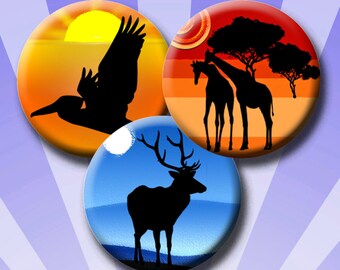 ANIMAL SILHOUETTES  -  Digital Collage Sheet 1 inch round images for bottle caps, pendants, round bezels, etc. Instant Download #230.