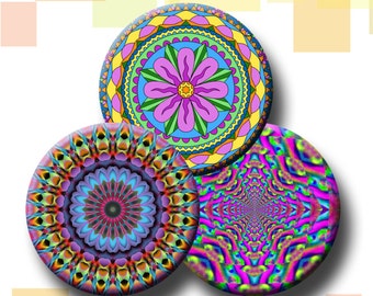 PSYCHEDELIC MANDALAS - Digital Collage Sheet - 1 and 1.5 inch images for pendants, bottle caps, round bezel trays. Instant Download #74.