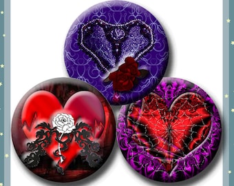 GOTHIC HEARTS -  Digital Collage Sheet 1 inch round images for bottle caps, pendants, round bezels, etc. Instant Download #212.