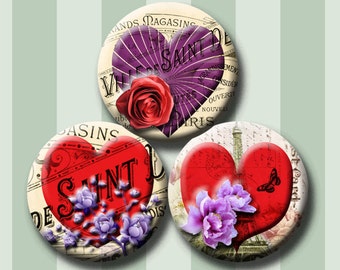 ROMANTIC HEARTS -  Digital Collage Sheet 1 inch round images for bottle caps, pendants, round bezels, etc. Instant Download #211.