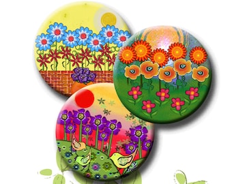 FUNKY FLOWER GARDEN - Digital Collage Sheet 1 inch & 1.5 inch round images for bottle caps, pendants, round bezels.  Instant Download #238.