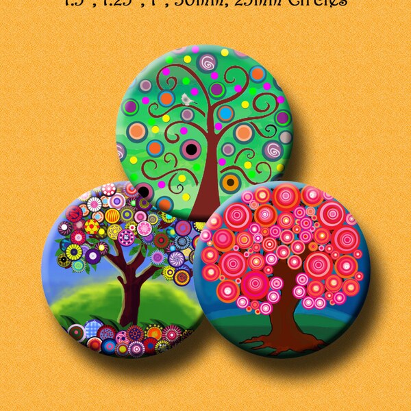 FUNKY TREES II - 30 x 1", 1.5", 1.25", 30mm & 25mm round images pendants, bottle caps, round bezel trays. Instant Download #60.