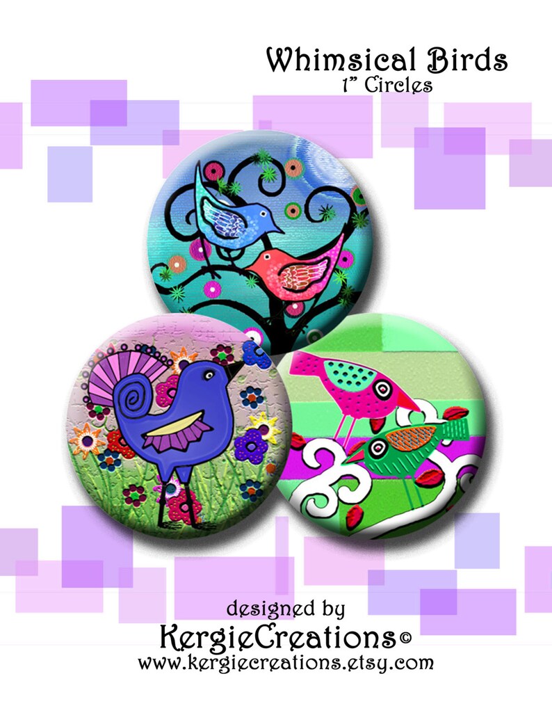 WHIMSICAL BIRDS - Digital Collage Sheet 1 Inch Round Images for Bottle ...