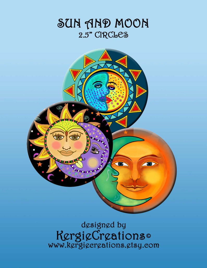 Magnets 2.5 inch Digital Collage Sheet for Pocket Mirrors Paper Weights SUN AND MOON Instant Download #220.