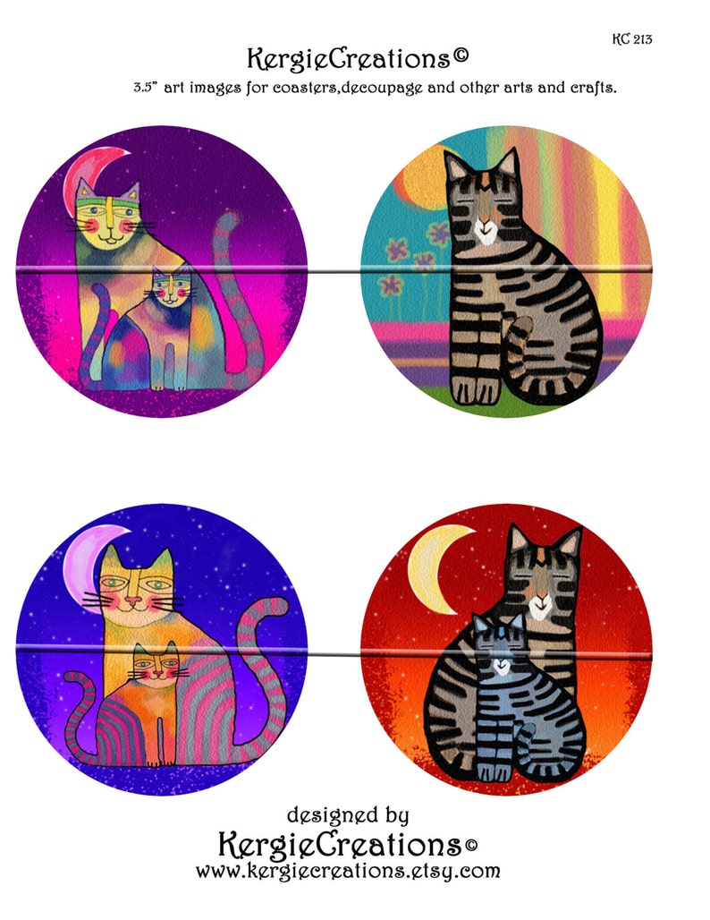 FUNKY CATS Printable Digital Collage Sheet 12 X 3.5 inch circles for Coasters, Greeting Cards, Gift Tags. Instant Download 213. image 4