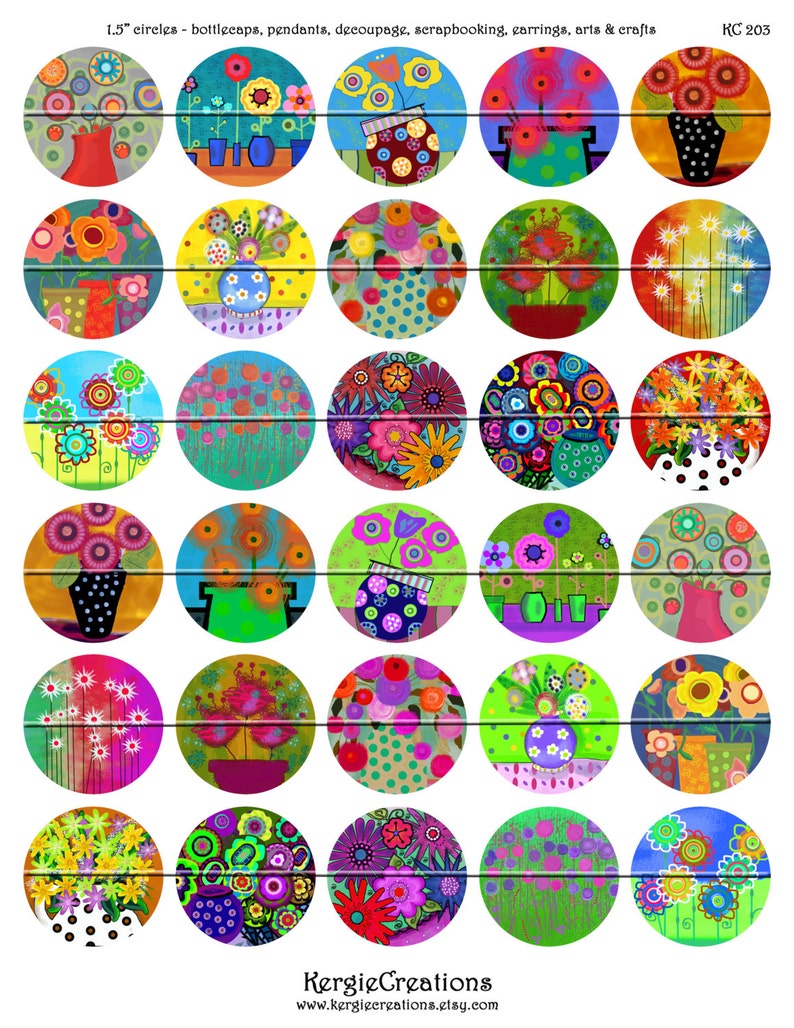 Instant Download #203. etc Digital Collage Sheet 1 /&1.5 inch round images for bottle caps round bezels WHIMSICAL FLOWERS pendants