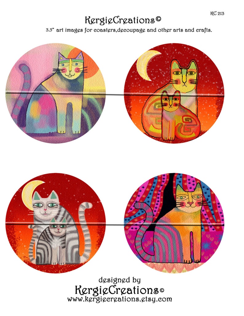 FUNKY CATS Printable Digital Collage Sheet 12 X 3.5 inch circles for Coasters, Greeting Cards, Gift Tags. Instant Download 213. image 3