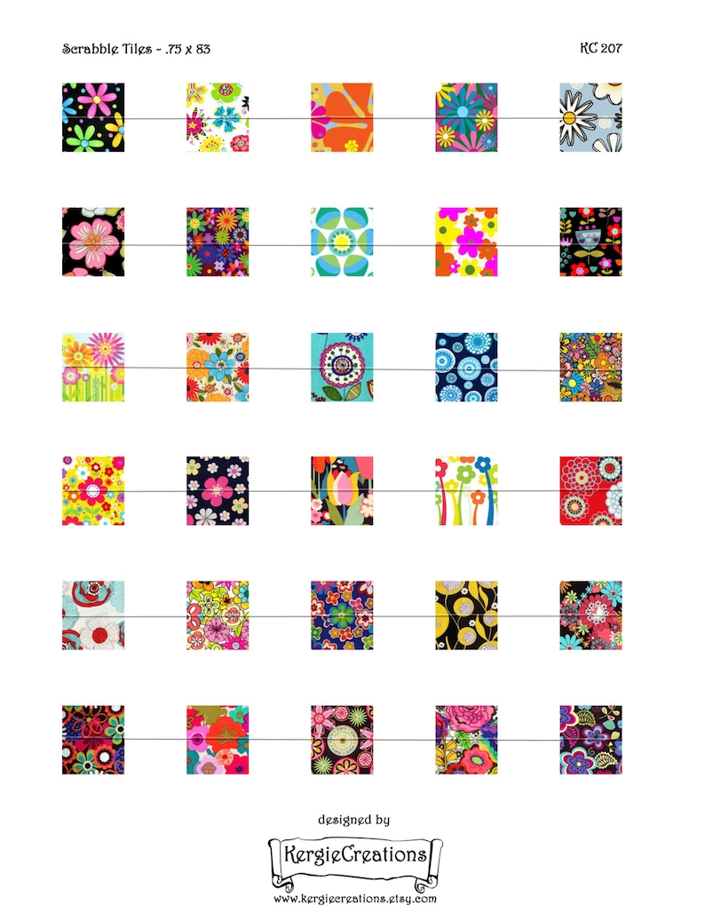 scrap-booking Instant Download #207. Pendants earrings RETRO FUNKY FLOWERS Digital Collage Sheet .75 x .83 inch Scrabble Tile Images
