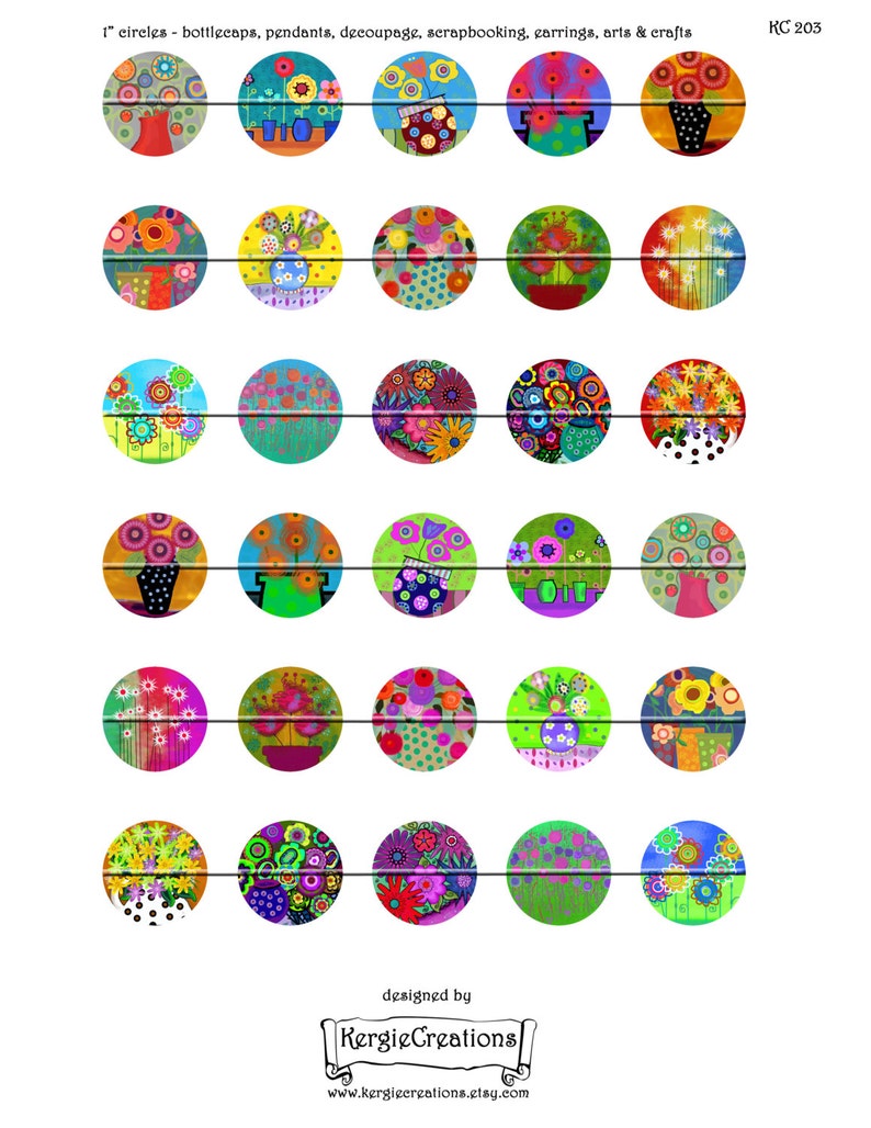 Instant Download #203. etc Digital Collage Sheet 1 /&1.5 inch round images for bottle caps round bezels WHIMSICAL FLOWERS pendants