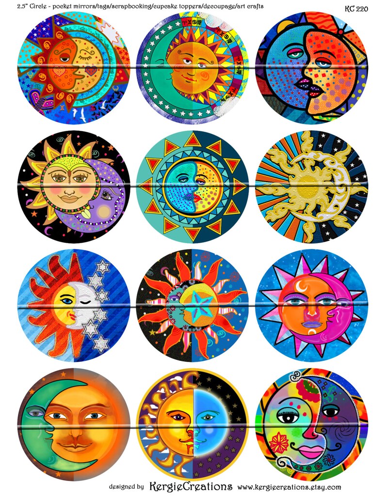 Magnets 2.5 inch Digital Collage Sheet for Pocket Mirrors Paper Weights SUN AND MOON Instant Download #220.