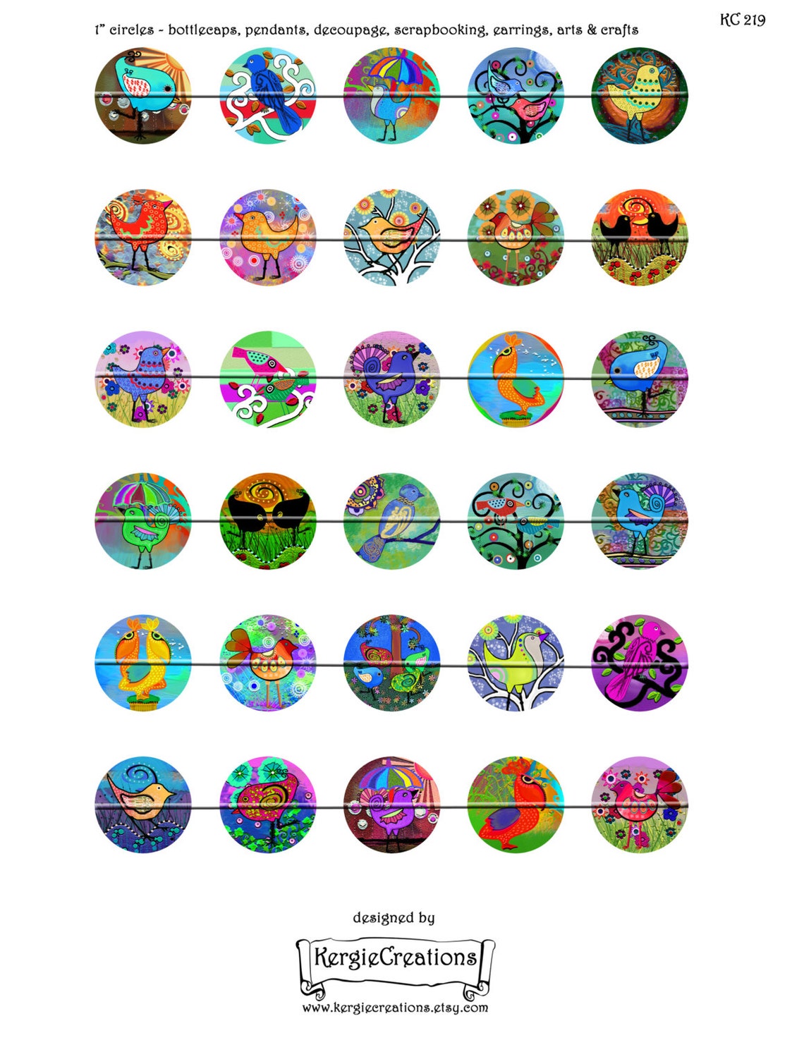 WHIMSICAL BIRDS - Digital Collage Sheet 1 Inch Round Images for Bottle ...