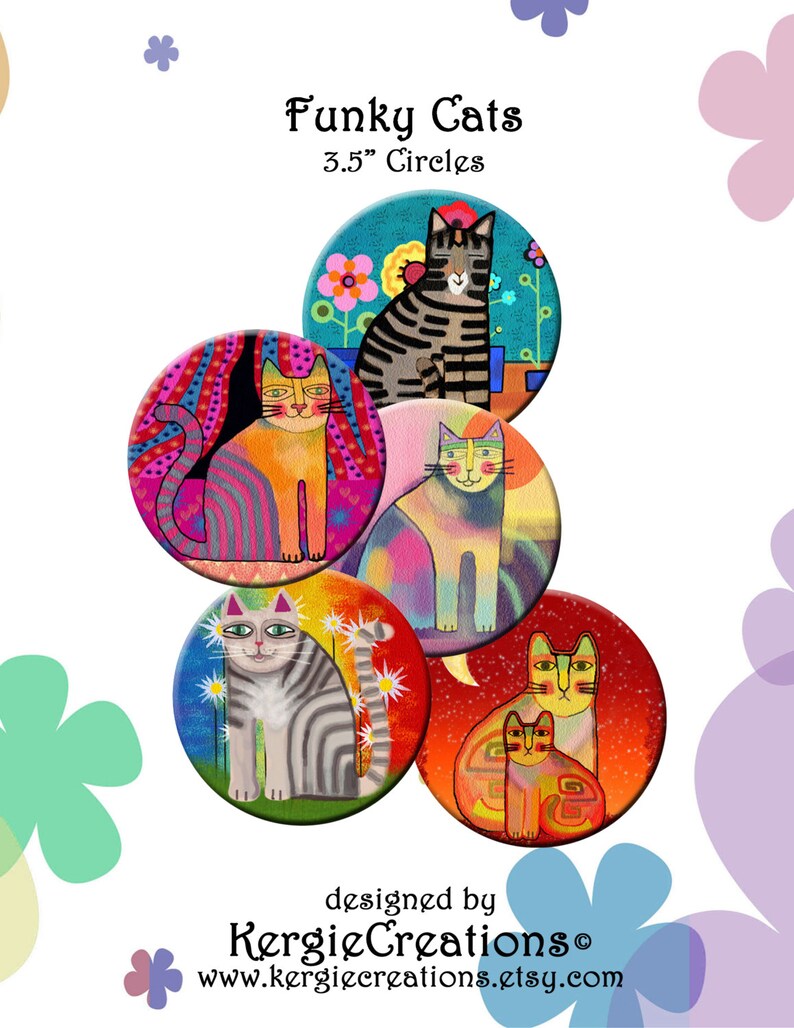 FUNKY CATS Printable Digital Collage Sheet 12 X 3.5 inch circles for Coasters, Greeting Cards, Gift Tags. Instant Download 213. image 1