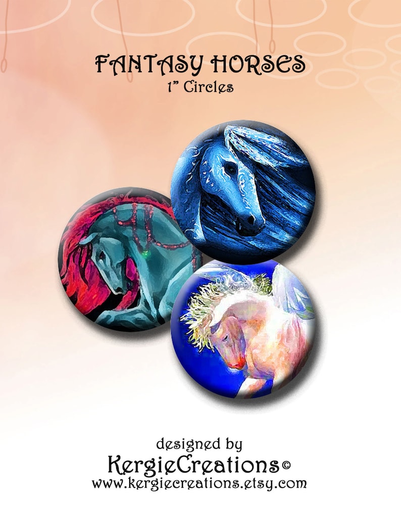 Printable Download FANTASY HORSES 1 inch round images for bottle caps, pendants, round bezels, etc. Instant Download 166. image 1