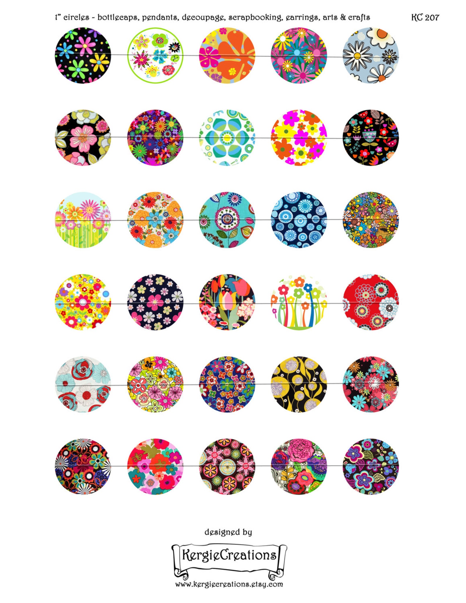 RETRO FUNKY FLOWERS 30 x 1 round images pendants | Etsy