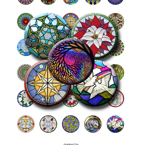 STAIN GLASS ART -  30 x 1" circular images for glass and resin pendants, bottle caps, round bezel trays. Instant Download #59.