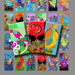 WHIMSICAL BIRDS  -  Digital Collage Sheet 1x2 inch domino images for pendants, rectangle bezel settings, magnets.  Instant Download #219.