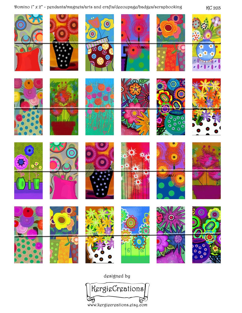 WHIMSICAL FLOWERS - Digital Collage Sheet 1 X 2 Inch Domino Images for ...