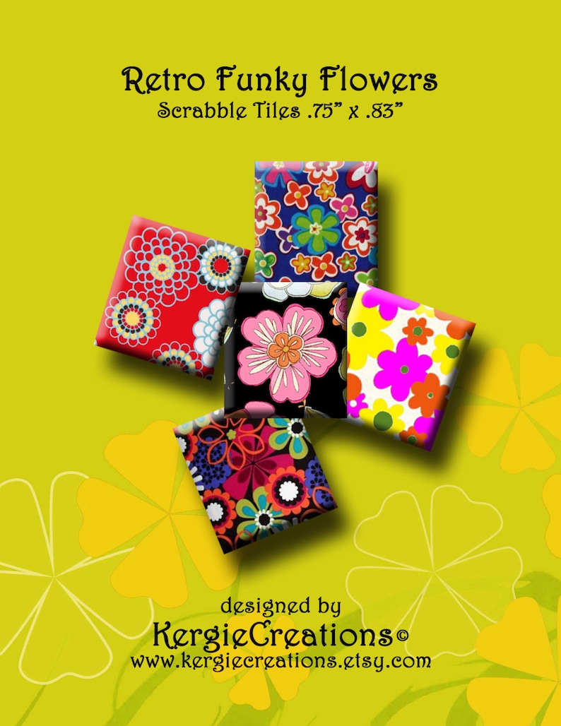 scrap-booking Instant Download #207. Pendants earrings RETRO FUNKY FLOWERS Digital Collage Sheet .75 x .83 inch Scrabble Tile Images