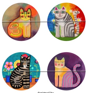 FUNKY CATS Printable Digital Collage Sheet 12 X 3.5 inch circles for Coasters, Greeting Cards, Gift Tags. Instant Download 213. image 2