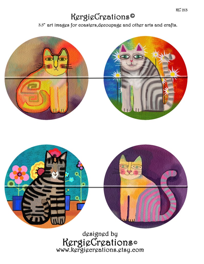 FUNKY CATS Printable Digital Collage Sheet 12 X 3.5 inch circles for Coasters, Greeting Cards, Gift Tags. Instant Download 213. image 2