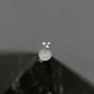 May include: A silver nose stud with three small clear stones in a triangular shape.