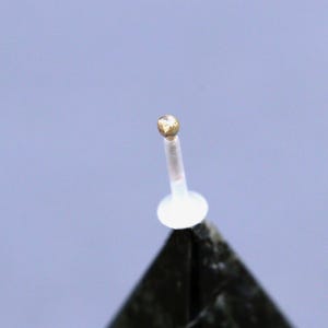 May include: A small, gold-coloured stud earring with a clear post and a white backing. The earring has a rounded, textured surface against a light blue background.